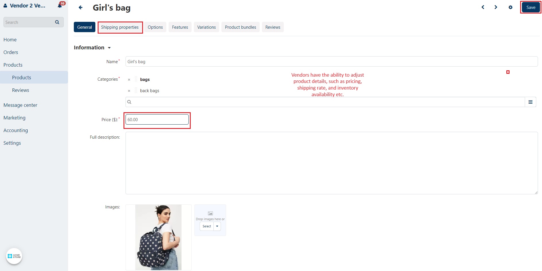 Shipping properties in single vendor page