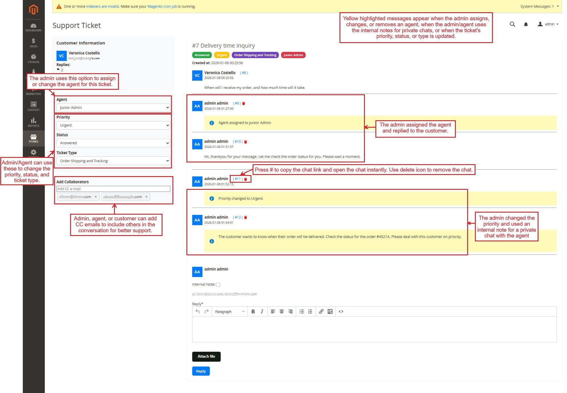 Chats page between admin, agent, and customer