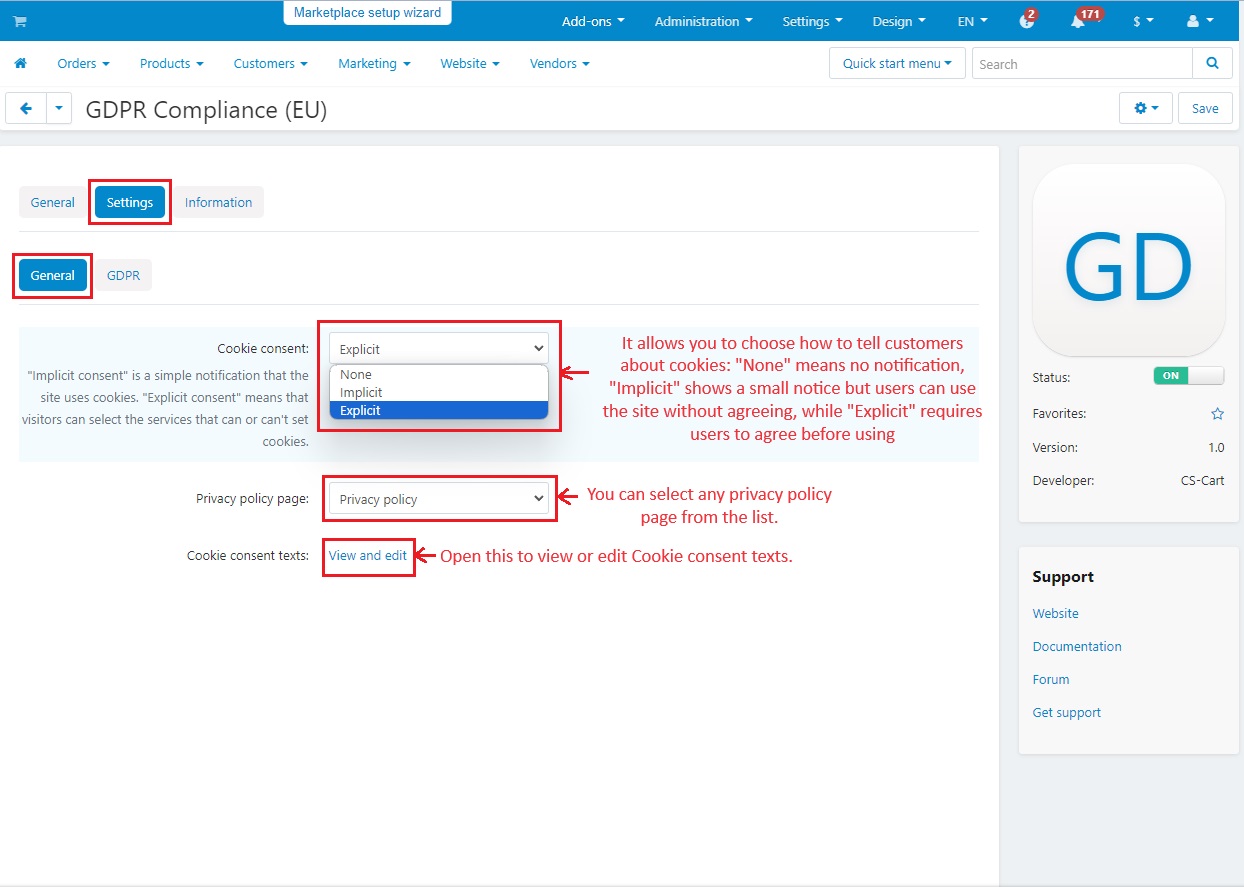 General tab within settings of GDPR compliance