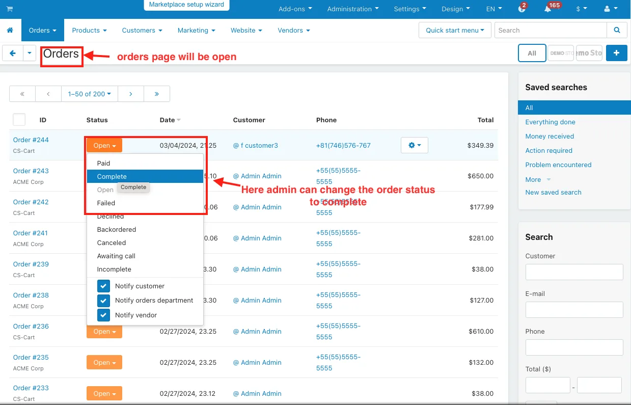change the order status to complete