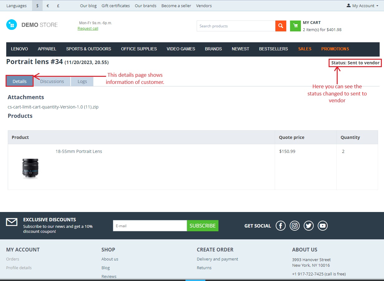 This page shows information of customer