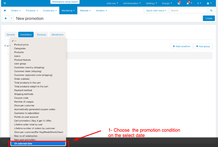 promotion condition selected date editing page