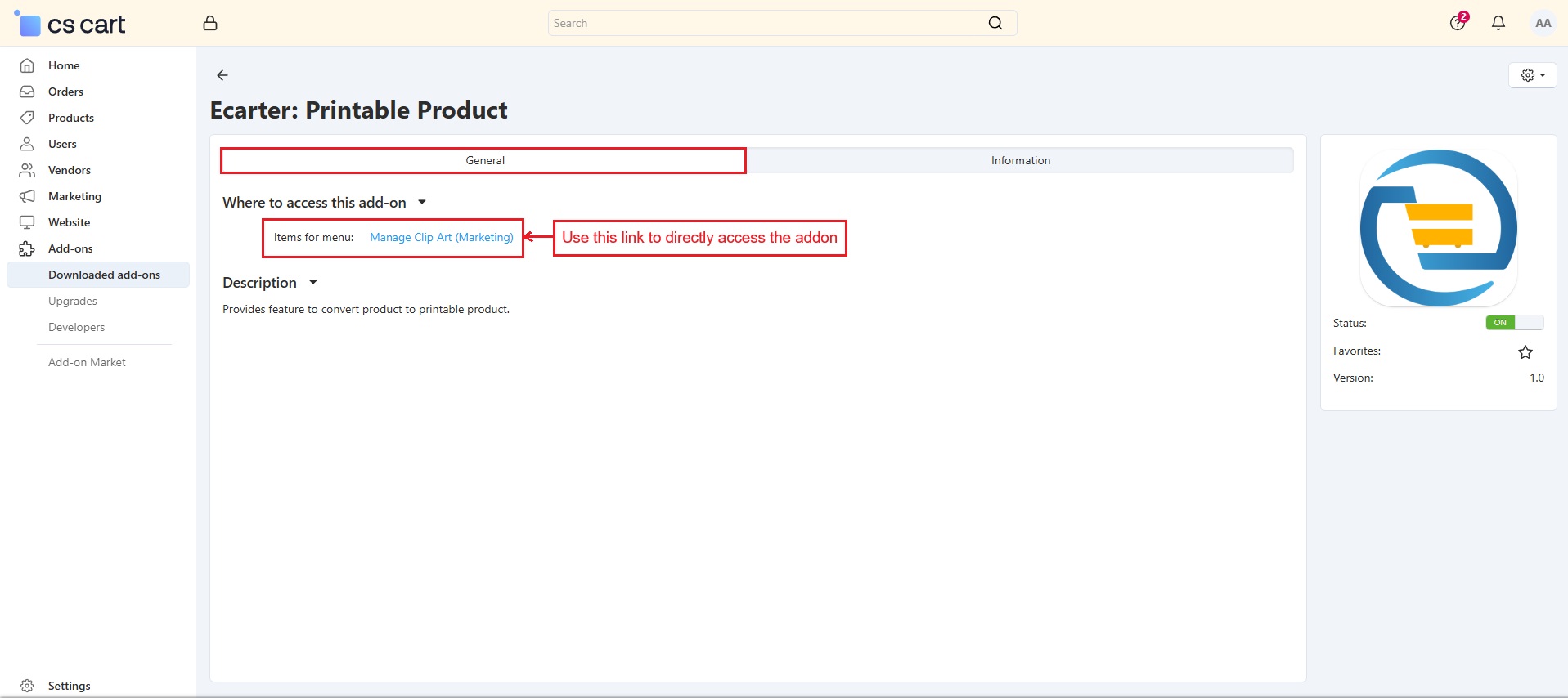 Addon direct access page