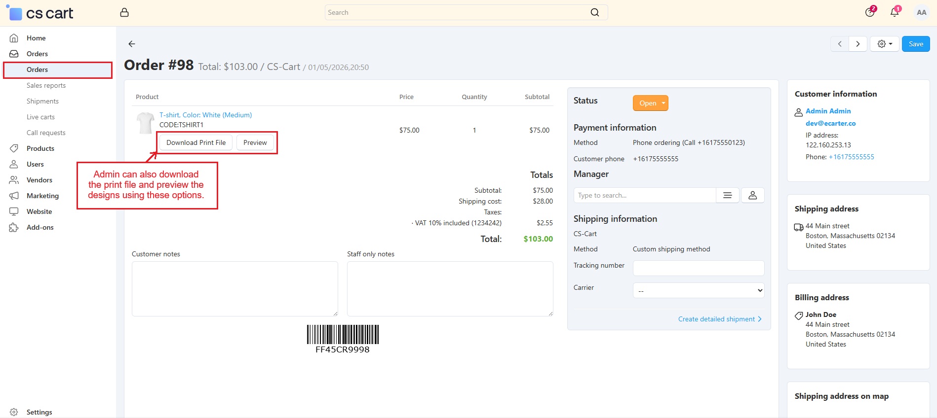 Order details for admin