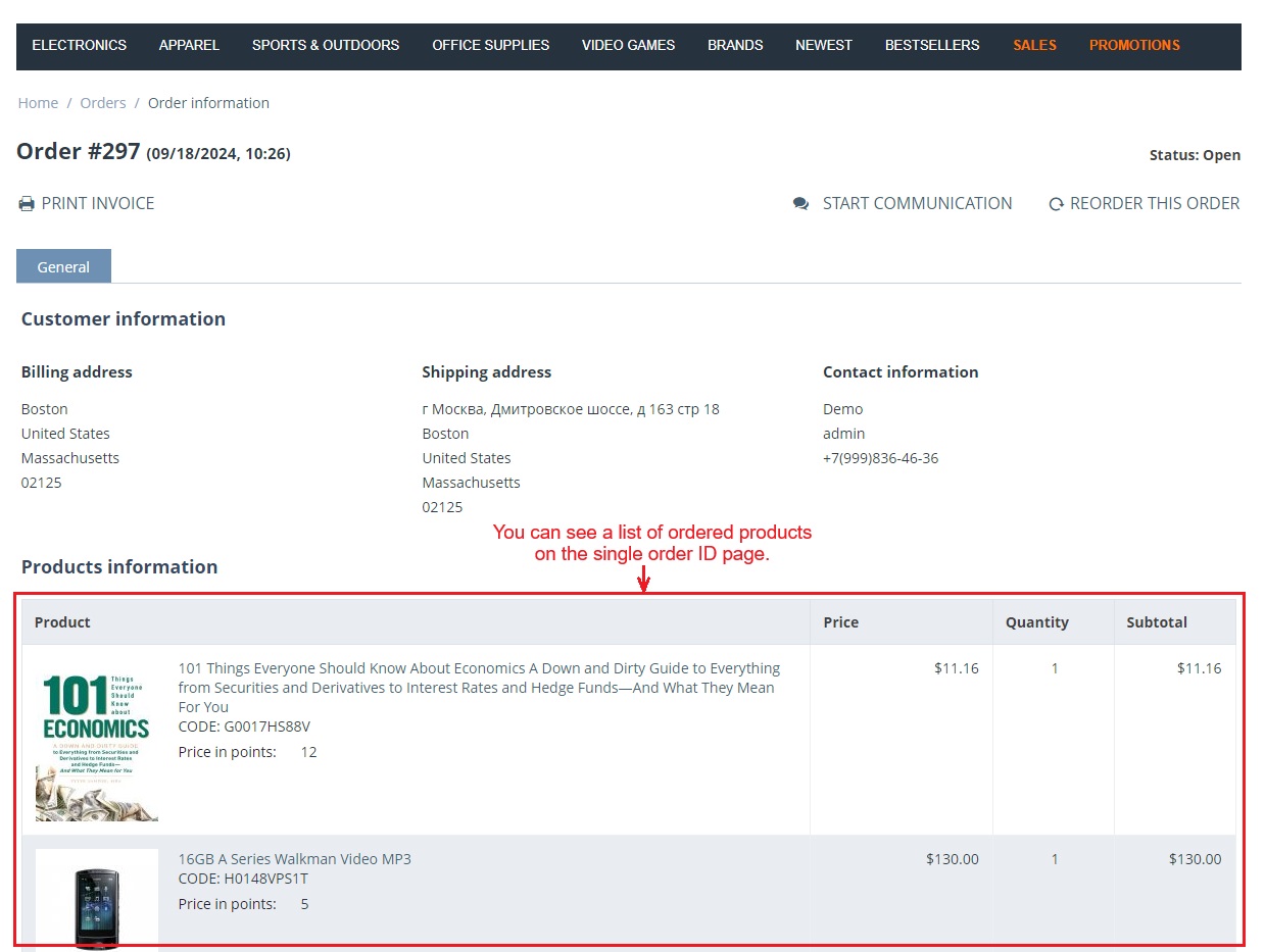 List of Ordered products in storefront