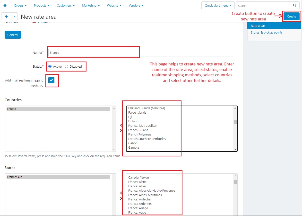 Page to create new rate area