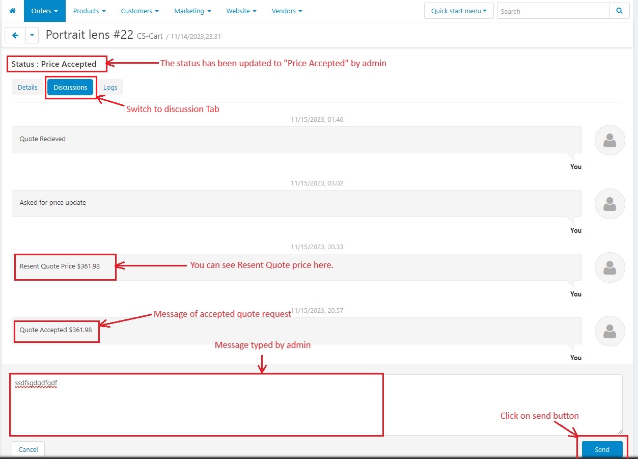 Price accepted button with Discussions tab