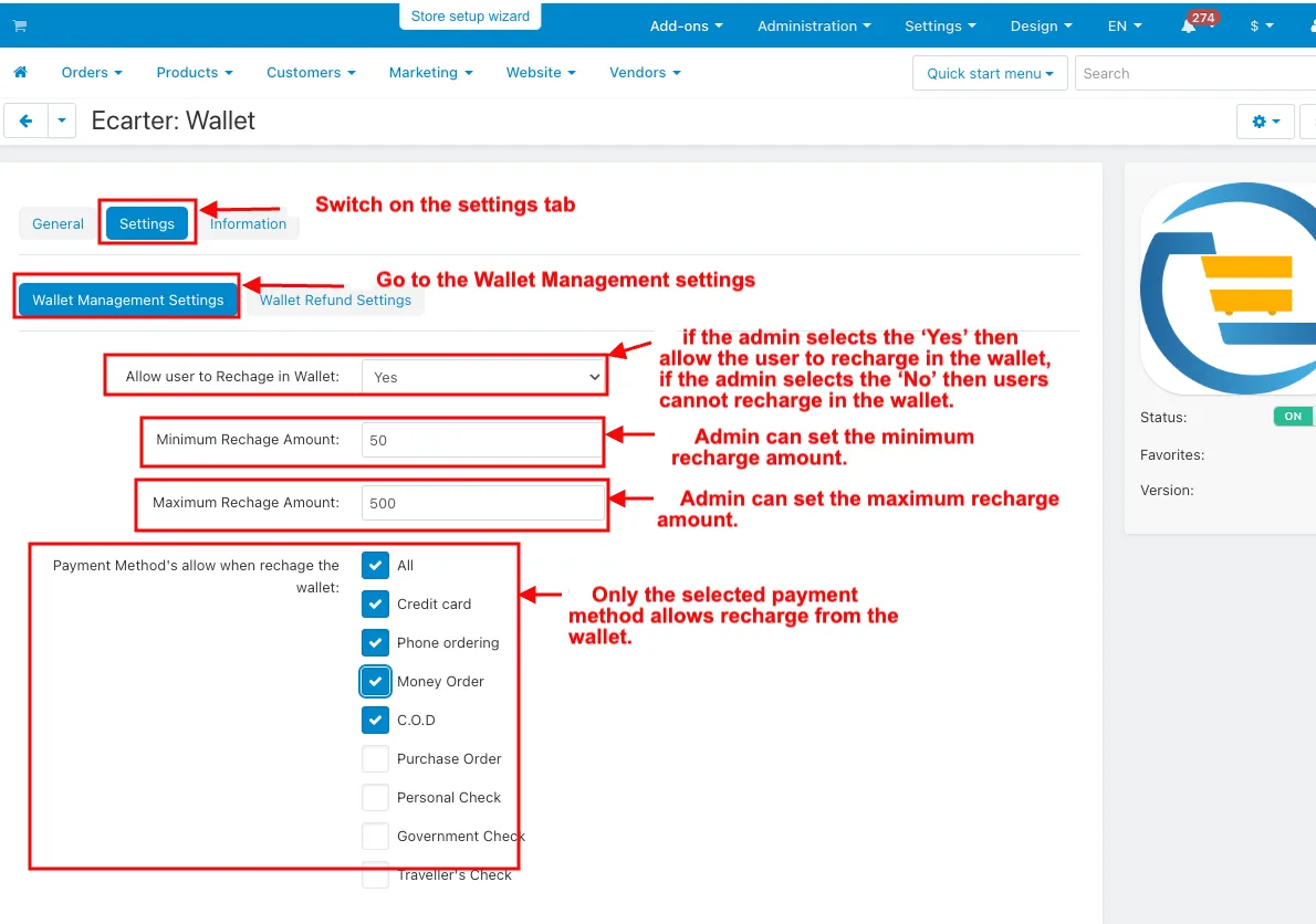 Main settings of wallet addon