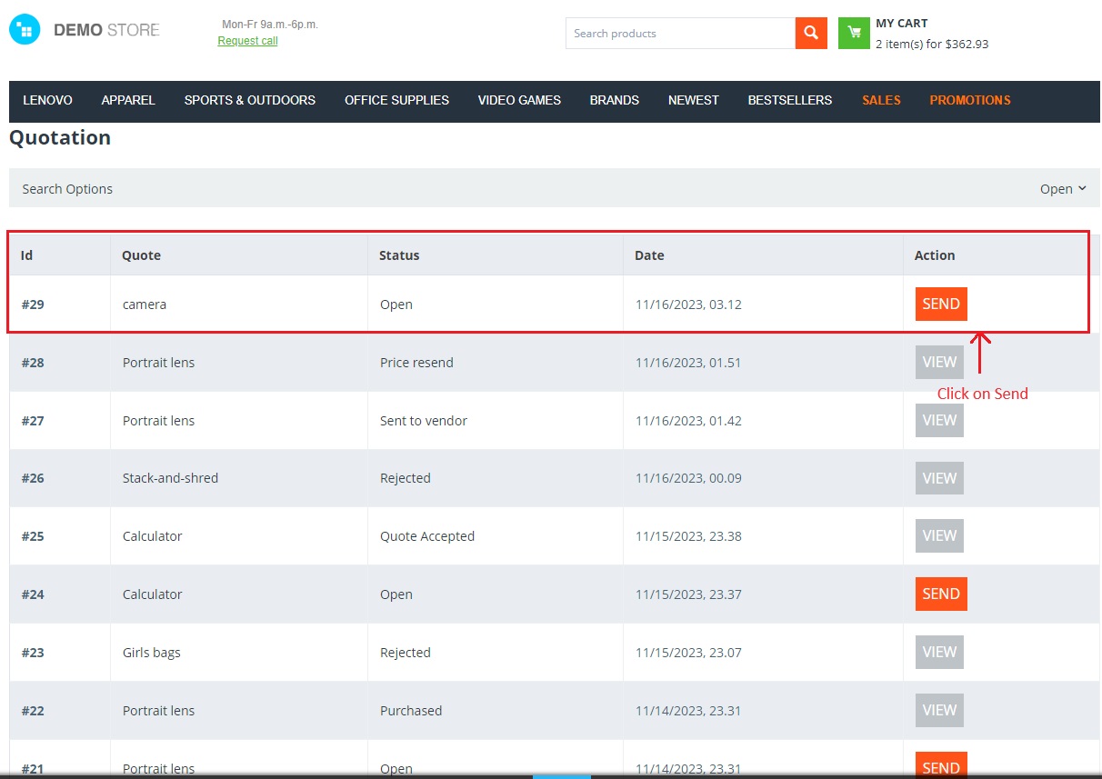 Customer quotation page with send button