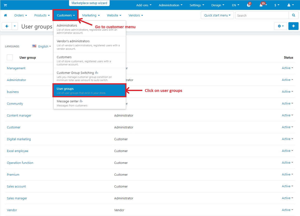 User groups in customers menu