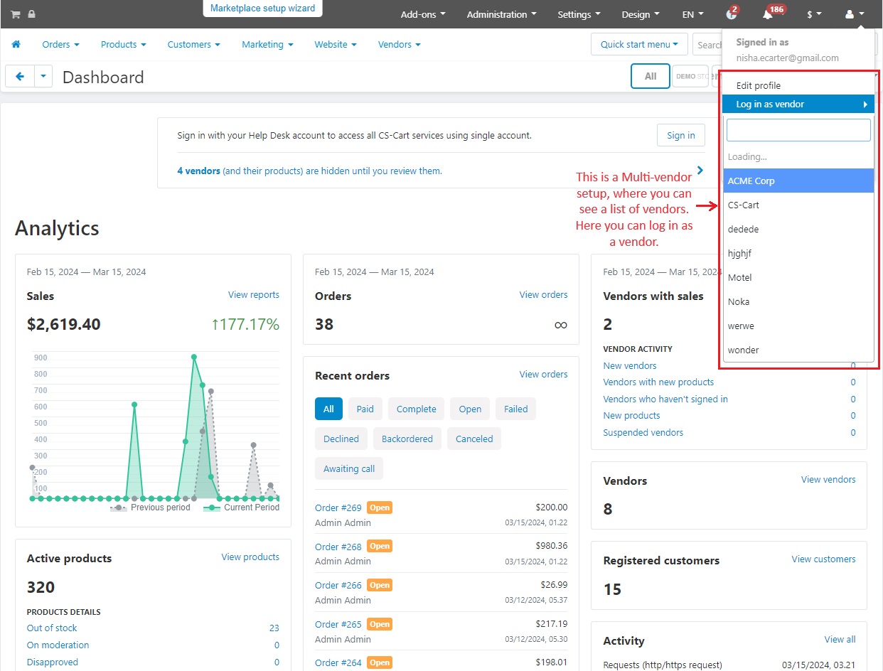 Multivendor setup with list of different vendors