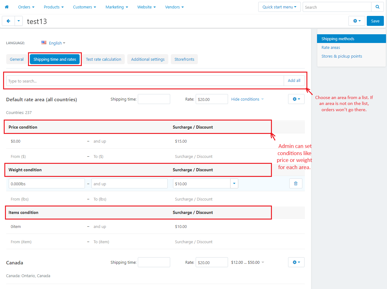 Shipping time and rates tab settings