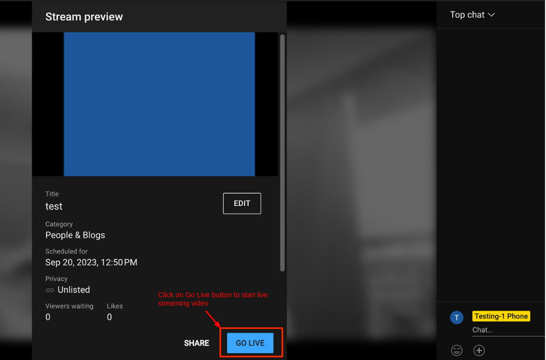 live button to start the live video