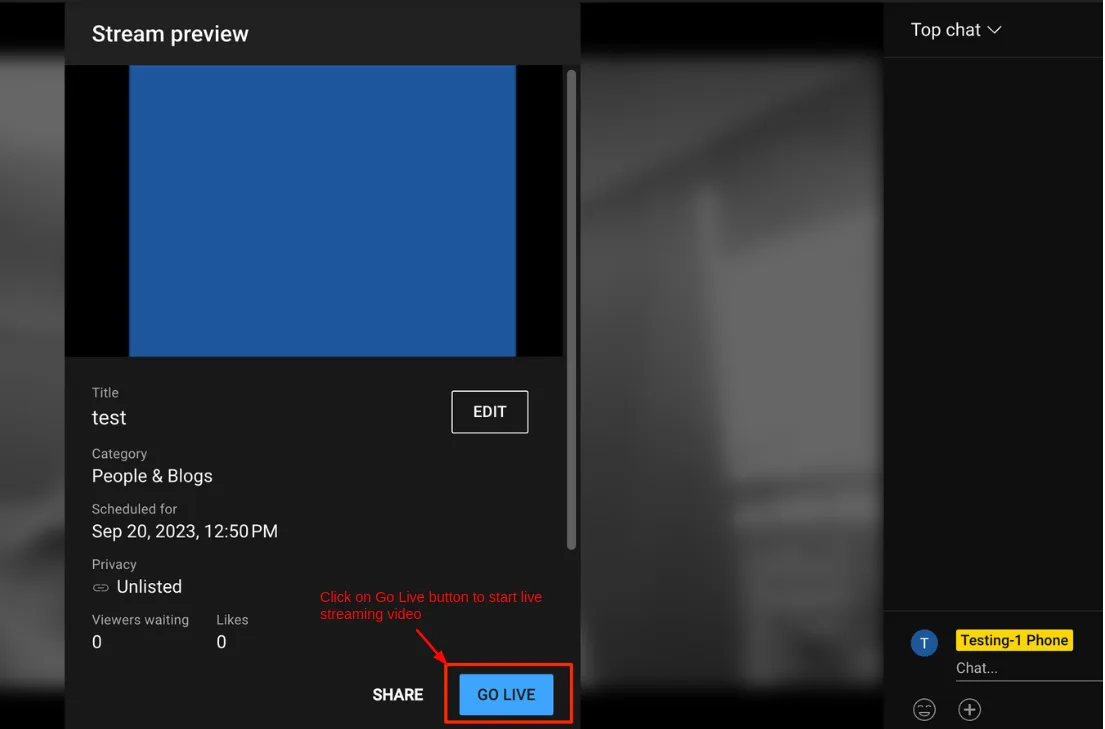 live button to start the live video