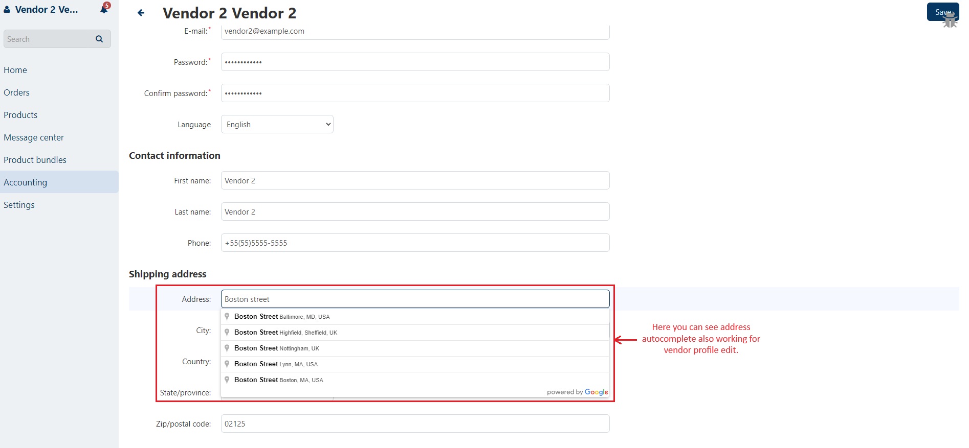 Address autocomplete in vendor profile