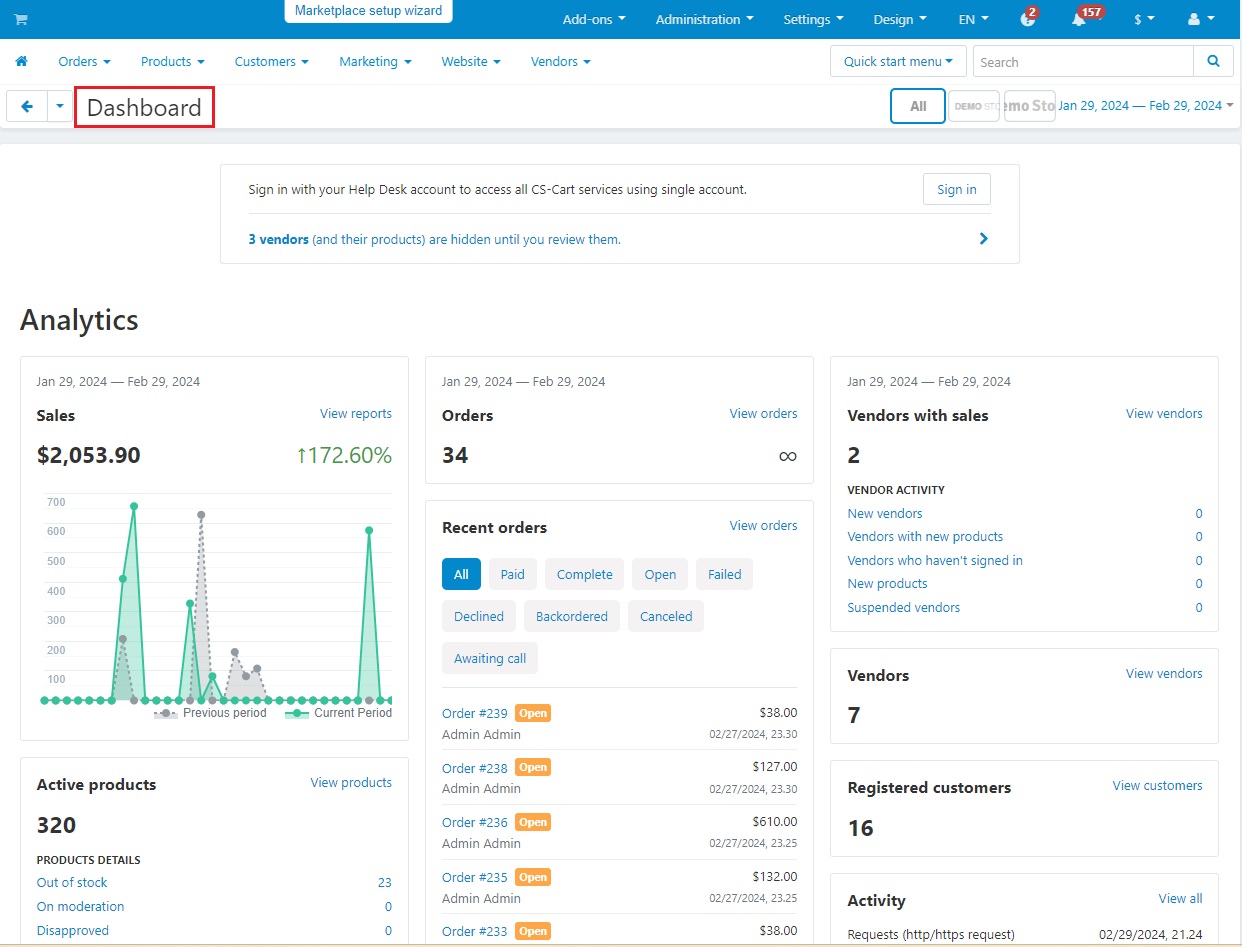 Dashboard page
