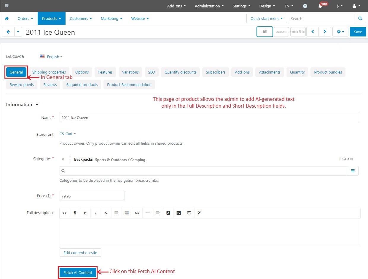 General tab in single product page in admin panel