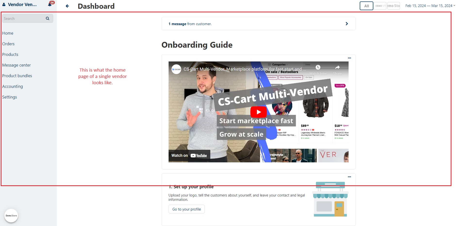 Homepage of single vendor