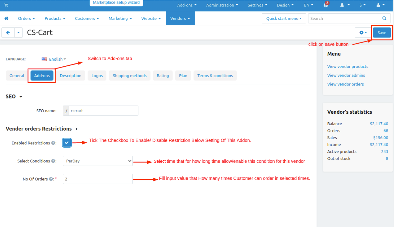 vendor orders restriction section page