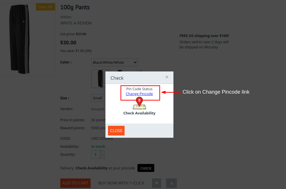 change pincode link popup page