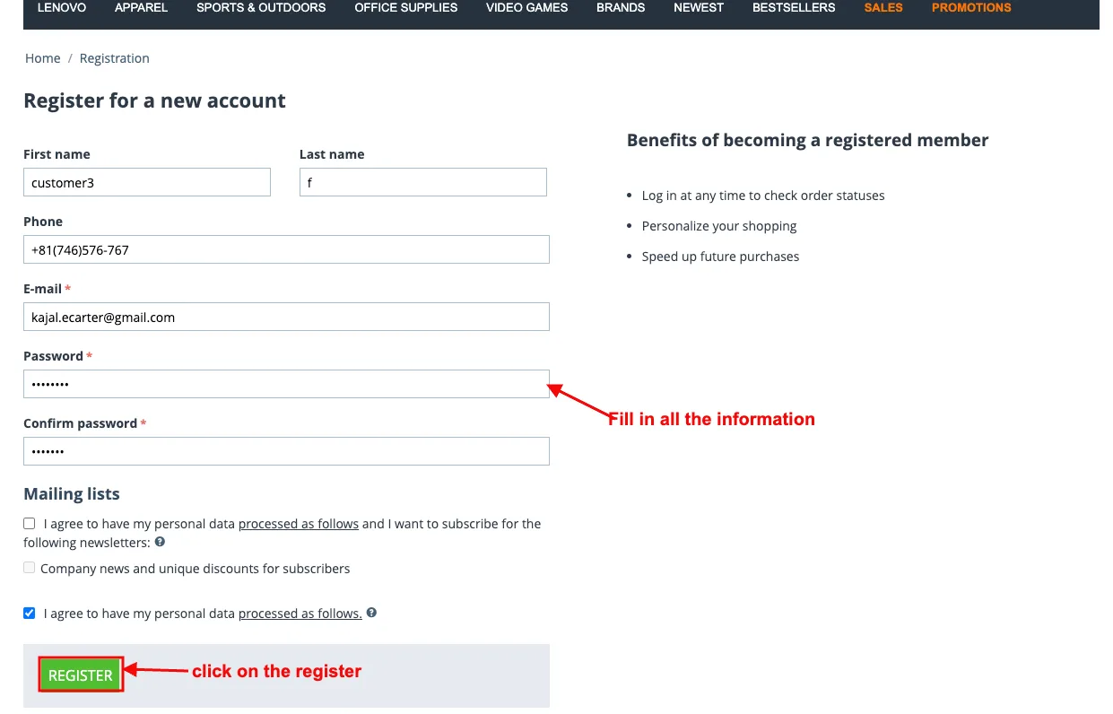 fill in all information for registration