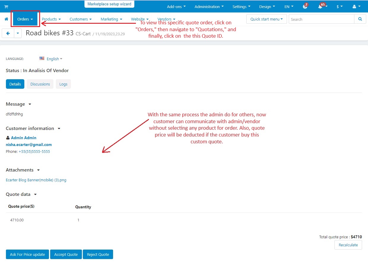 Custom quote in admin panel