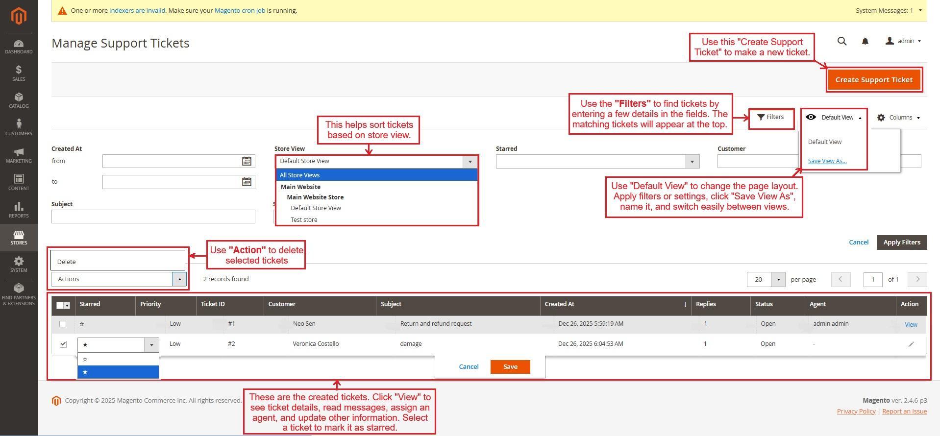 Manage support ticket page