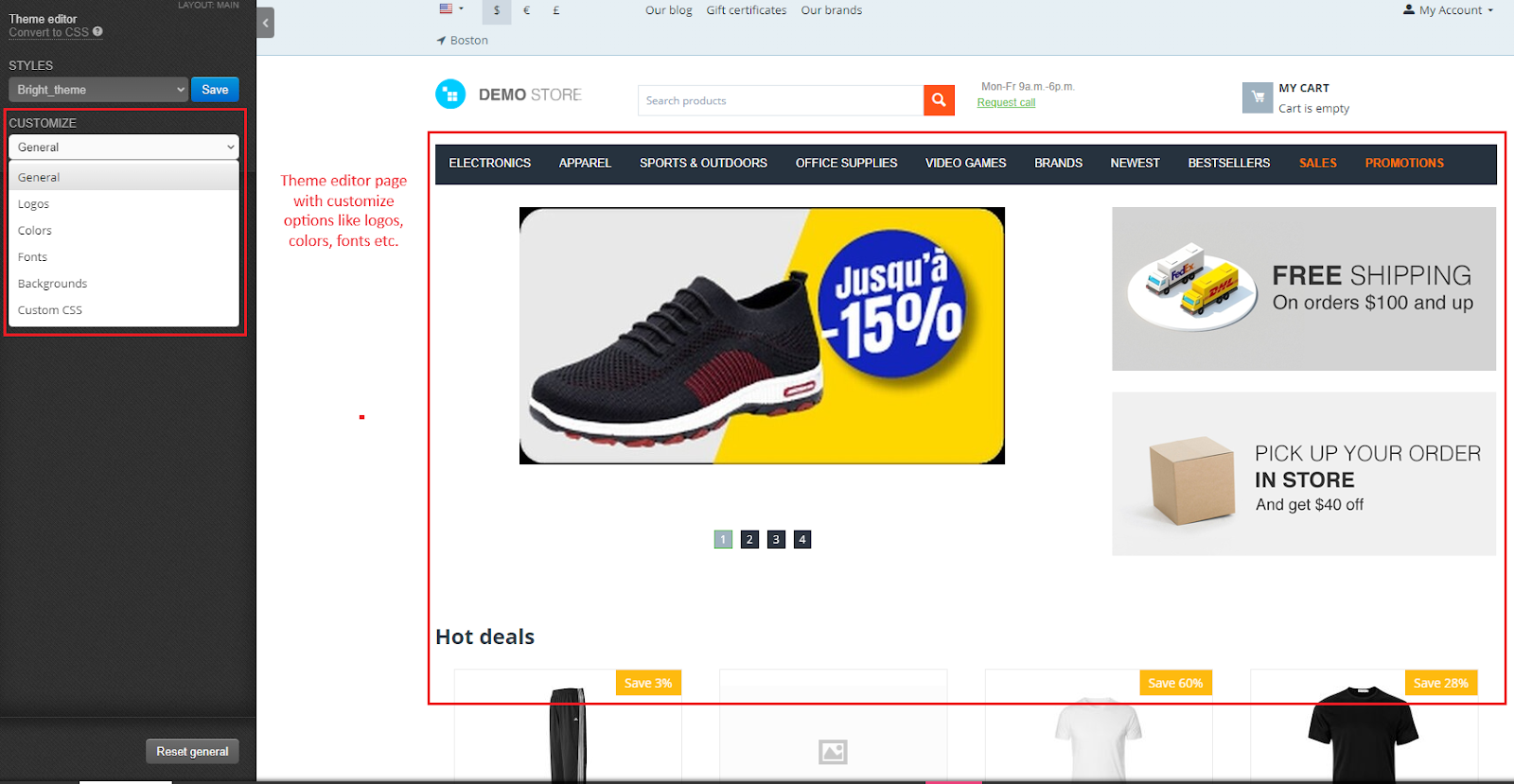 Theme editor page with customization options