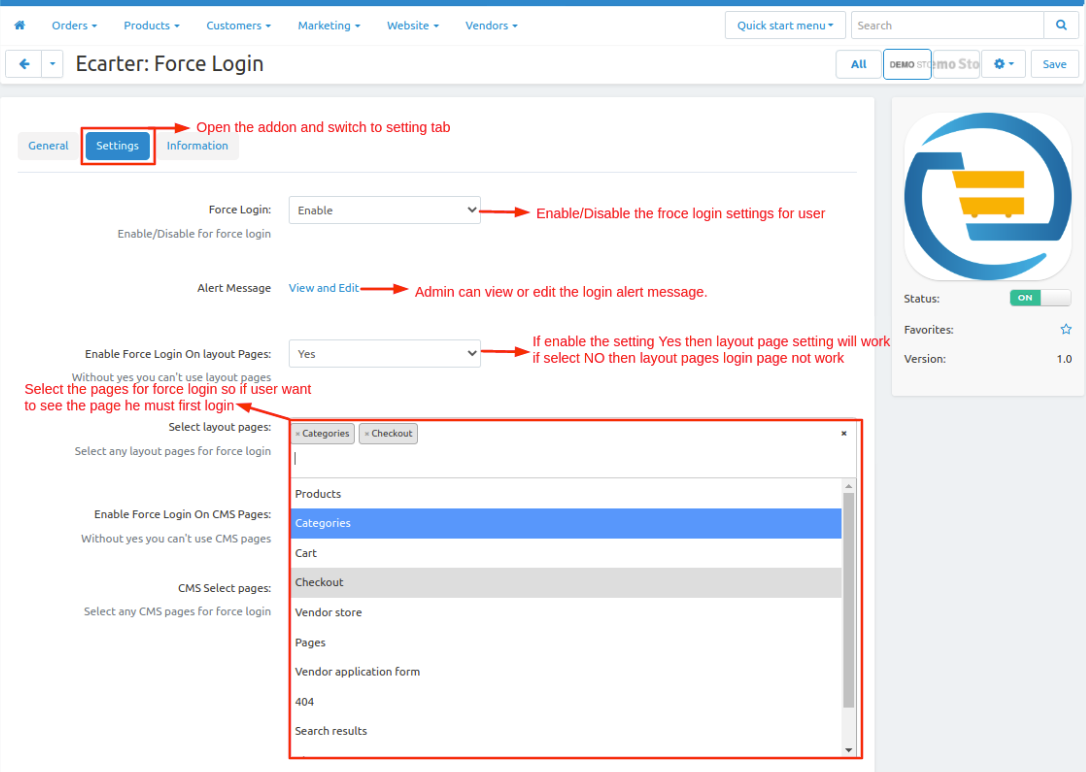 settings page