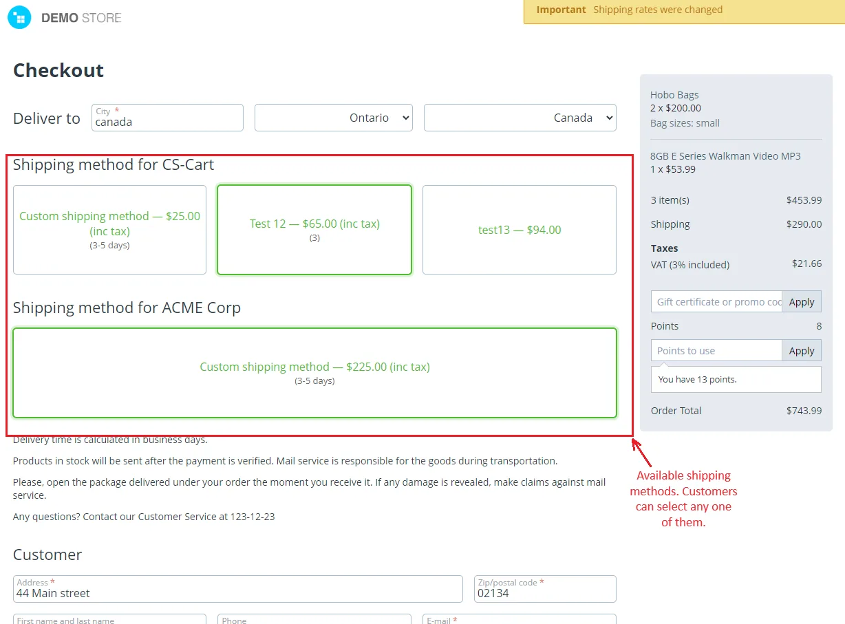 Available shipping methods page
