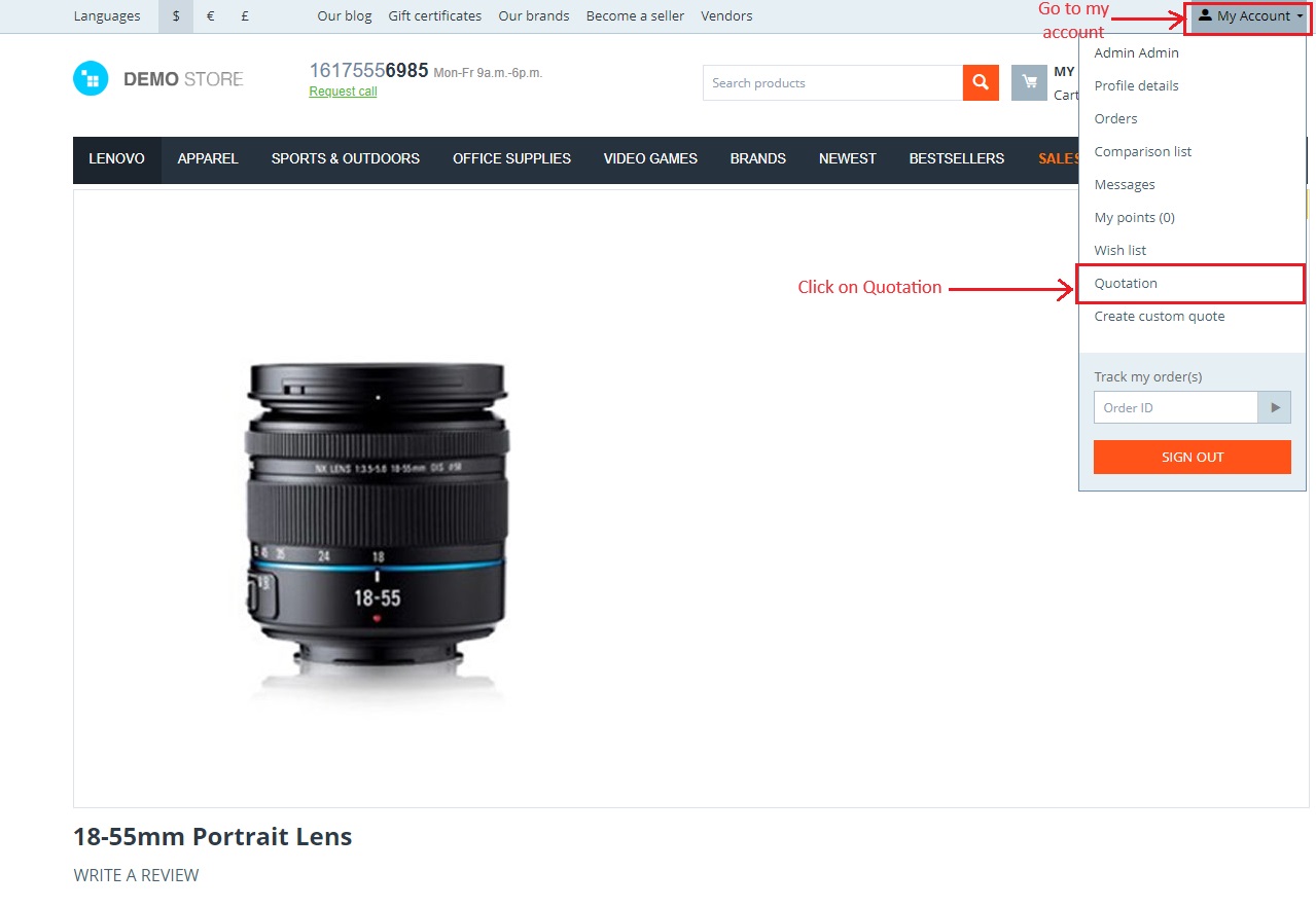 My account with Quotation></figure>
<p><br></p>
<ul><li>Here you can see the requests of product quote with customer details like customers ID, Quote, Status and date with time.&nbsp;</li><li>There is an Open button at the corner with a dropdown arrow. By clicking on this customer can search requests for product quote.&nbsp;</li><li>At the end, click on >> Send button to send the request of quote to the admin and vendor.</li></ul>
<figure><img src=