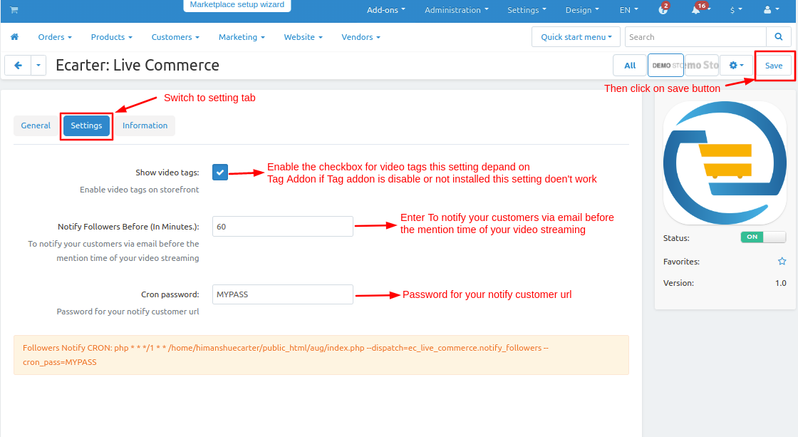 settings page
