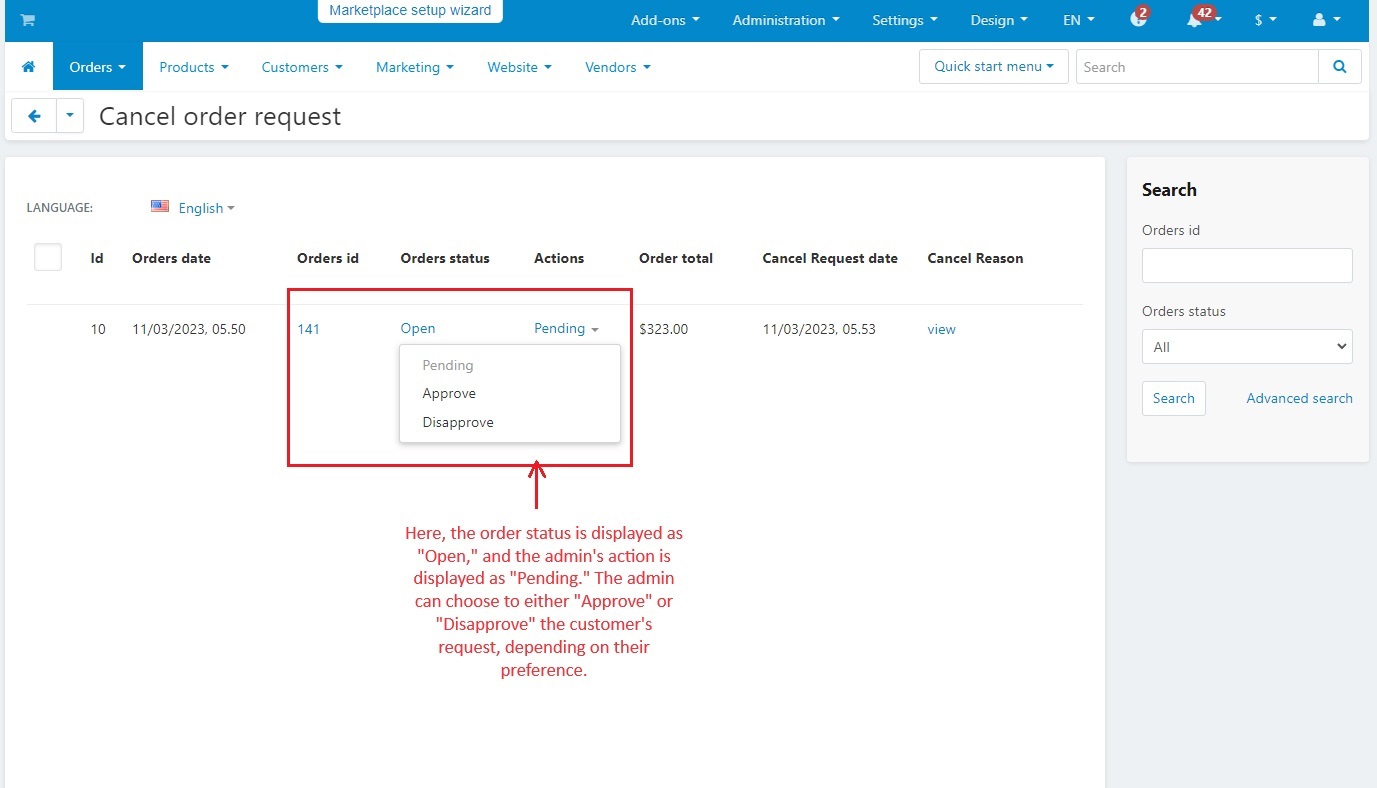 The admin can choose to either approve or disapprove the request