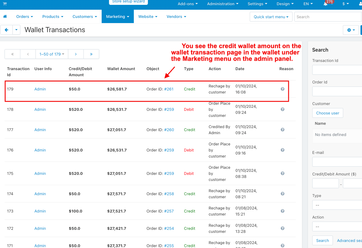 Credit wallet amount on wallet transaction page