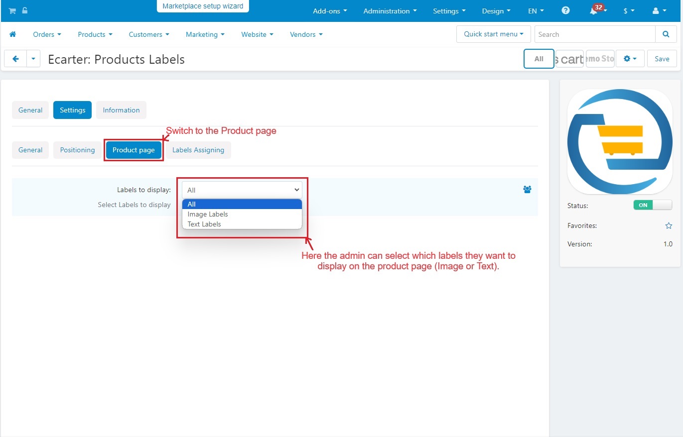 Product page tab within settings