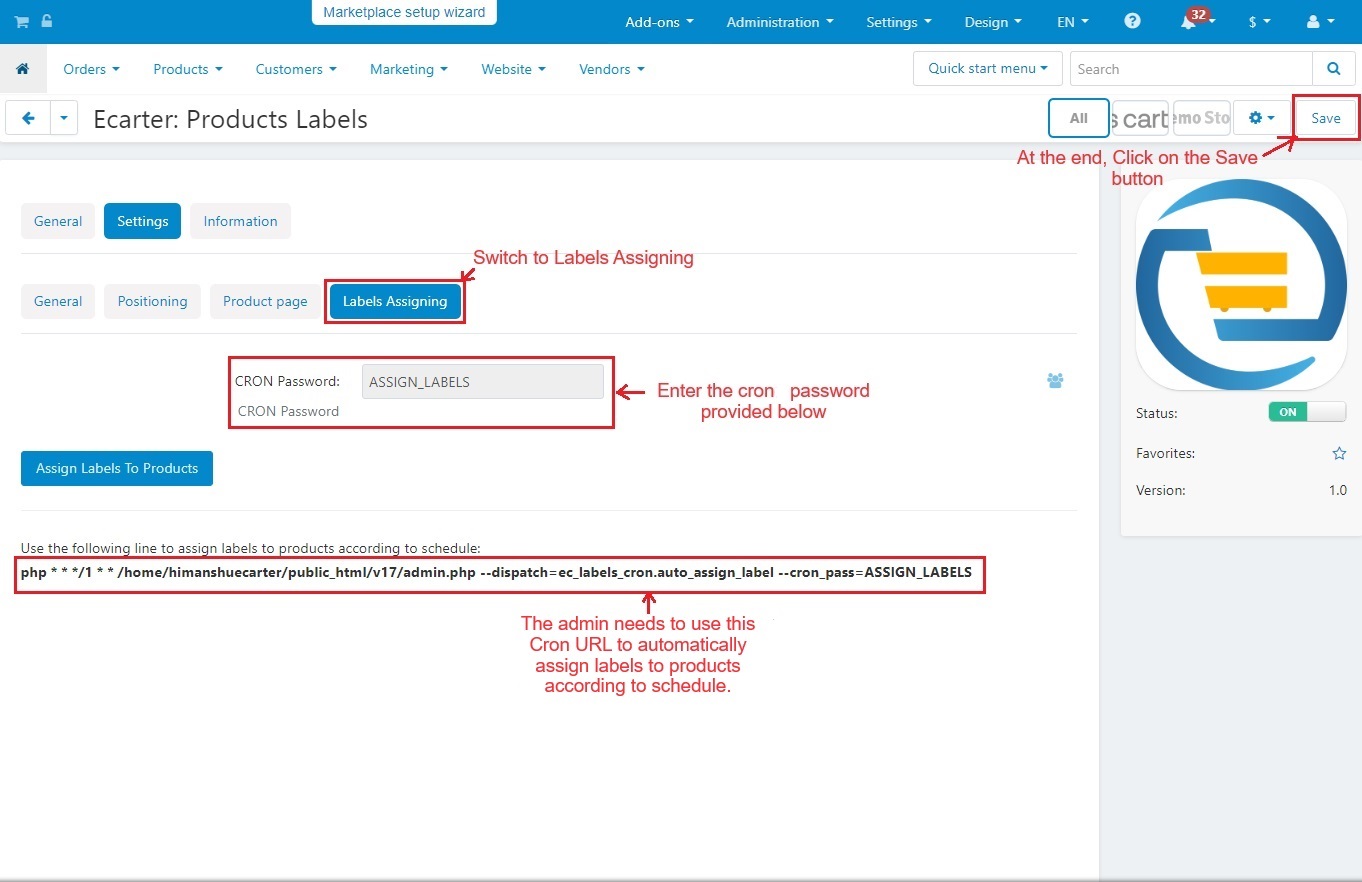 Labels assigning page within   settings