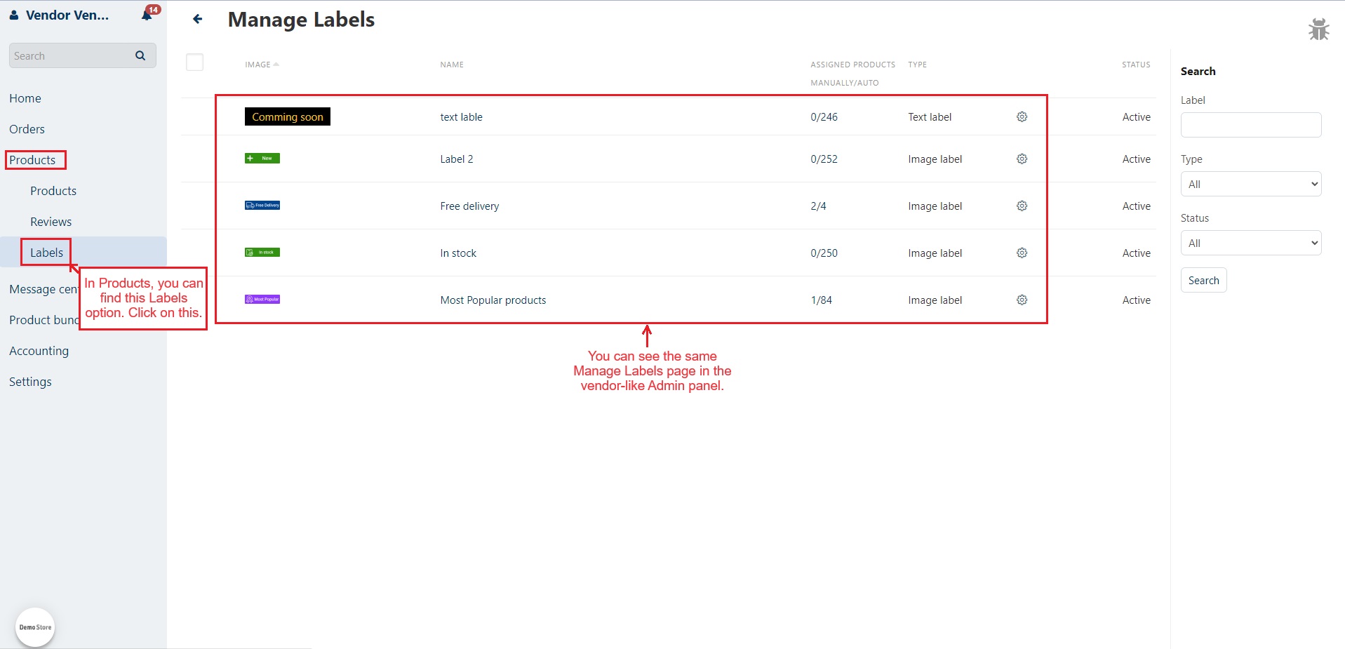 Manage label page in vendor panel