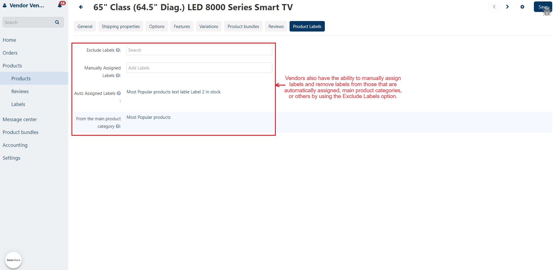 Product label in individual product in vendor panel