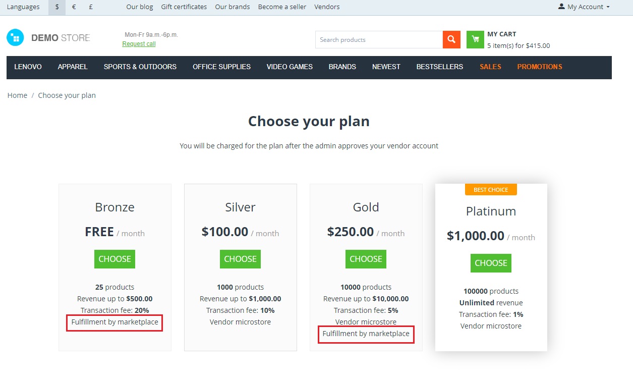 Fulfillment by marketplace in plan page