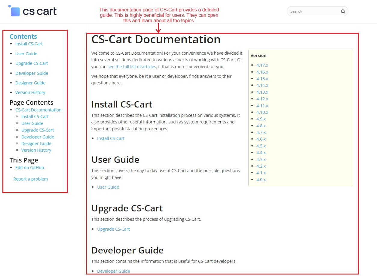 Documentation page provides guide to users