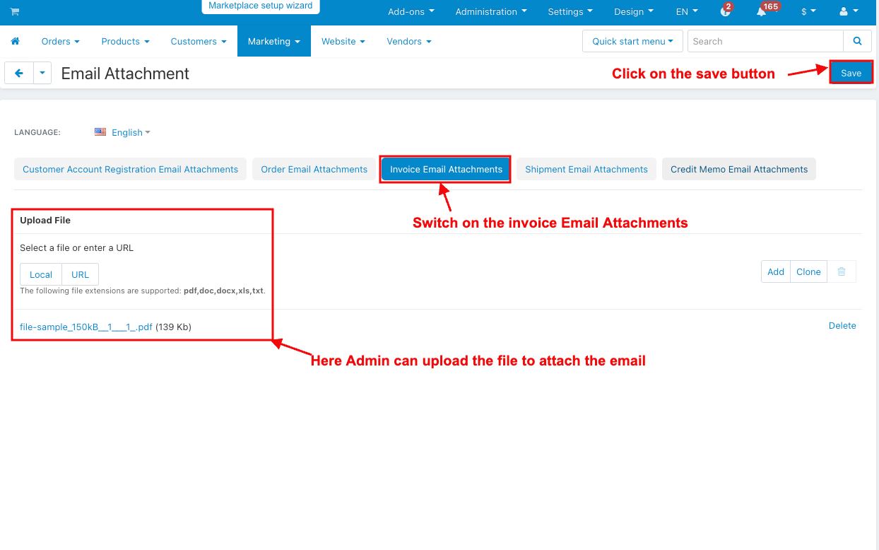  admin can upload the file to attach the email
