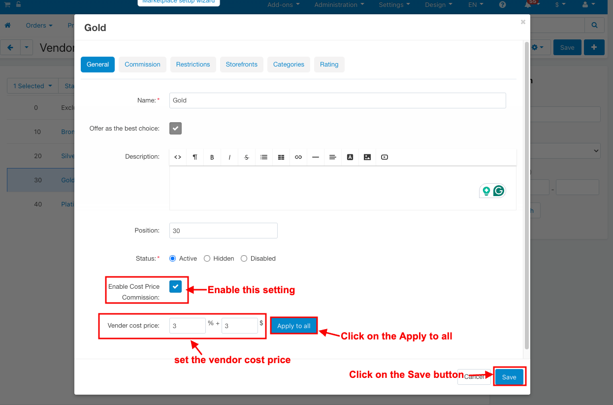 Set the vendor cost price page