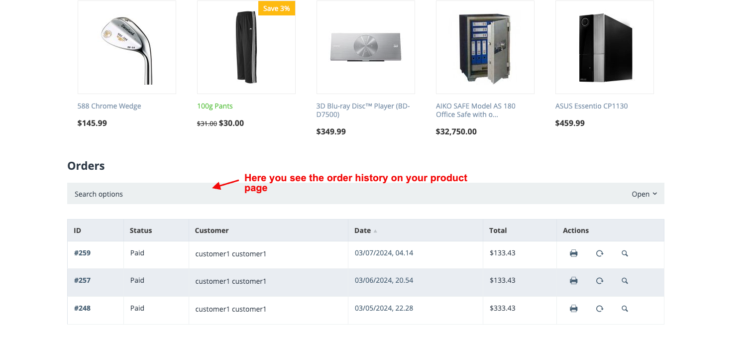 you see the order history on your product page