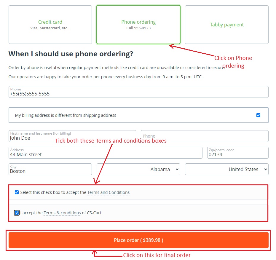 Phone ordering and place order buttons