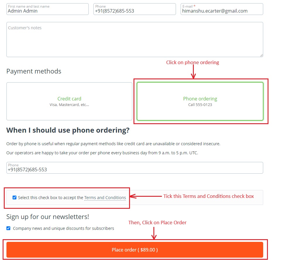 Page with phone ordering and place order button