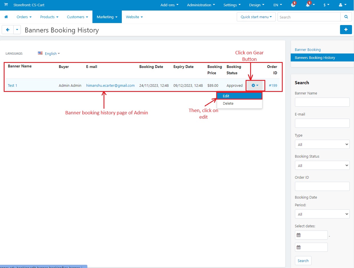 Banner booking history page