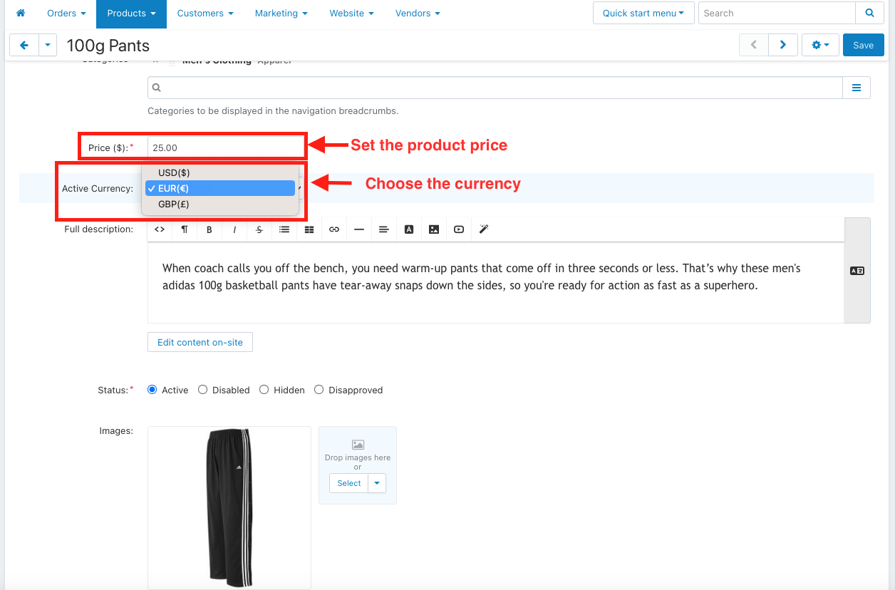 Set product price and choose currency page